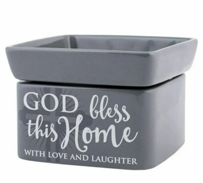 God Bless This Home Grey Stoneware Electric 2- in- 1 Candle Jar/Wax Melt Warmer